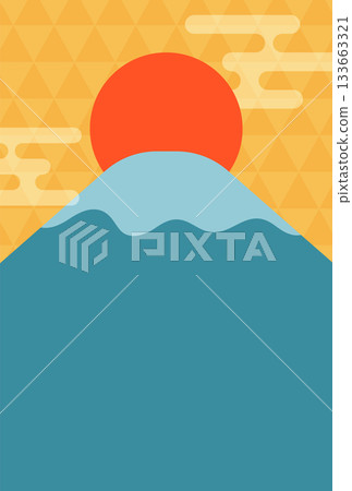 以新年第一縷陽光和富士山為主題的吉祥新年賀卡背景素材 | 富士山，第一縷陽光，新年，背景，日式風格 133663321