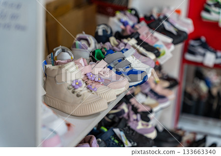 Colorful Children's Shoes Displayed in Store Colorful Children's Shoes Displayed in Store 133663340