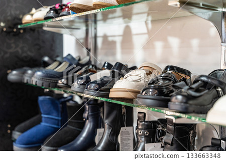 Display of Stylish Shoes in a Retail Store Display of Stylish Shoes in a Retail Store 133663348