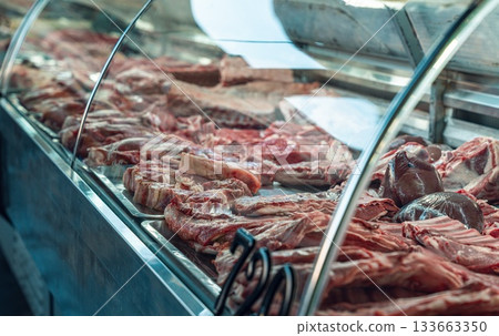 Fresh Meat Display in a Butcher Shop 133663350