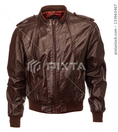 Brown leather bomber jacket isolated on white Brown leather bomber jacket isolated on white 133663467