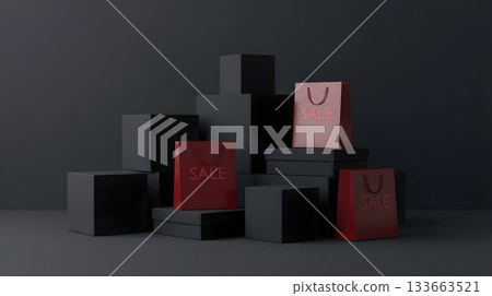 Red shopping bags with SALE text arranged among black gift boxes on a dark background 133663521