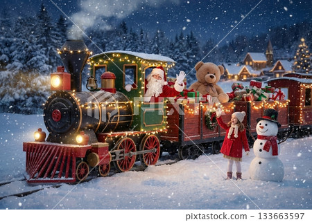 Santa waves from a festively lit steam train loaded with gifts and a giant teddy 133663597