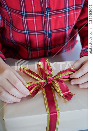 Close-up of hands tying a bow on a wrapped gift box. Face not visible. Festive holiday scene. 133663601