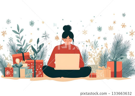 Young woman sitting with a laptop amid winter greenery and gift boxes, cozy festive scene with snowflakes 133663632