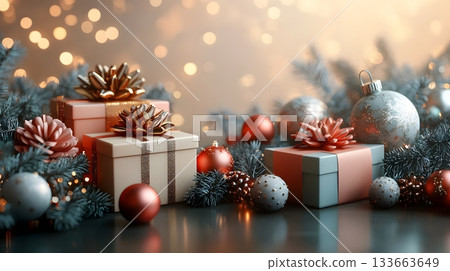 Festive Christmas arrangement with wrapped gift boxes, metallic bows, red and silver baubles 133663649