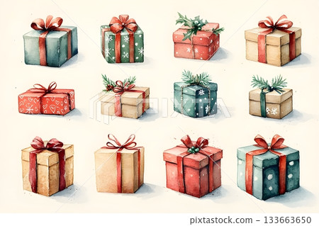 Watercolor collection of Christmas gift boxes with red and green ribbons, bows, holly, pine 133663650