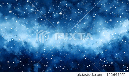 Deep blue watercolor abstract with soft gradient and falling snow, scattered snowflakes 133663651