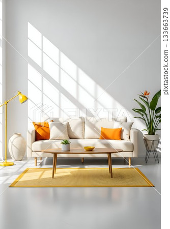 Bright Minimal Living Room with White Sofa and Yellow Accents 133663739