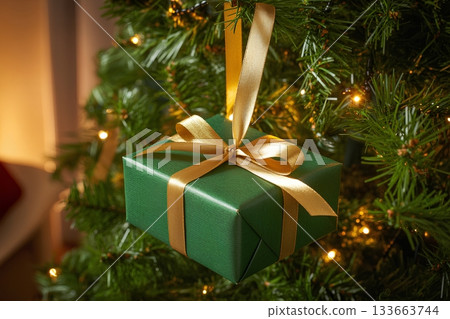 Festive green gift box with a luxurious gold ribbon, hanging from a branch of a christmas tree as a symbol of holiday presents and joy. 133663744