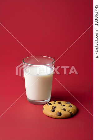 Classic glass of milk and a chocolate chip cookie on a bold red background, a simple and timeless comfort food concept 133663745