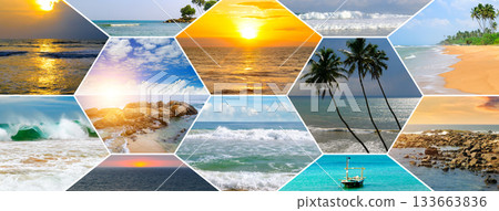 Tropical Beach Collage in Hexagonal Mosaic Design Tropical Beach Collage in Hexagonal Mosaic Design 133663836