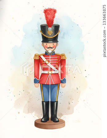 Toy Soldier Nutcracker Watercolor on Splashed Background Toy Soldier Nutcracker Watercolor on Splashed Background 133663875
