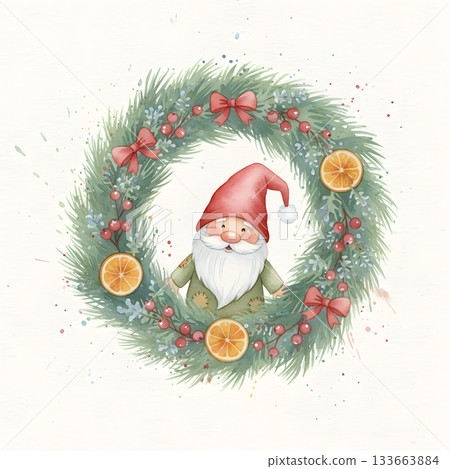 Watercolor Christmas Gnome Peeking Through a Wreath 133663884