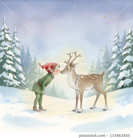 Christmas elf lovingly touching noses with a spotted reindeer 133663885