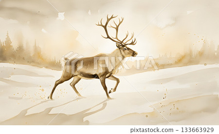 Watercolor Painting of a Reindeer Walking Through Snow 133663929