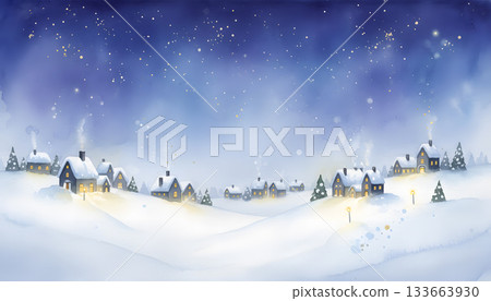 Watercolor Christmas Village under Starry Night Snow 133663930