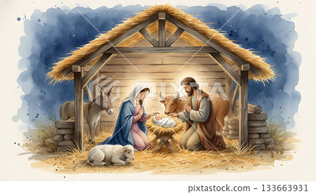 Watercolor Nativity Scene in a Wooden Manger 133663931