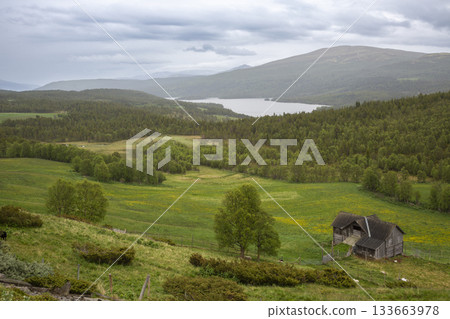View of serene Lake Flatningen from Strondsaeterhoe mountain flanks in Vang Municipality, Norway during a cloudy day 133663978