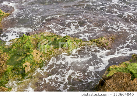 A rocky beach with seaweed and waves lapping on it 133664040