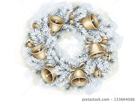 Christmas Wreath with Frosted Pine and Golden Jingle Bells 133664086