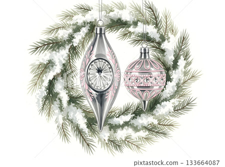 Vintage Silver and Pink Ornaments Hanging on a Snowy Wreath 133664087