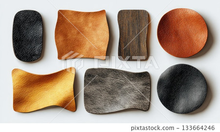 Variety of leather swatches showcasing different textures and colors arranged on a neutral background for design inspiration 133664246