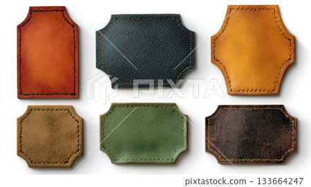 Various leather patches in different colors and textures displayed on a white background for crafting and custom projects 133664247