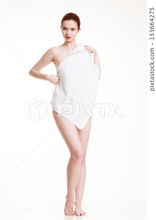 Naked woman in towel after bath Naked woman in towel after bath 133664275