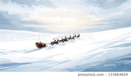 Santa's Sleigh Pulled by Reindeer Across Snowy Field Santa's Sleigh Pulled by Reindeer Across Snowy Field 133664684