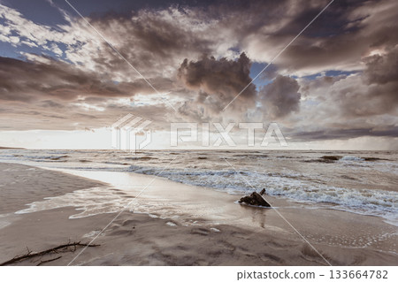 Dramatic sunset and tree root on beach 133664782