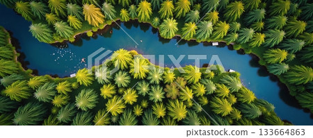 A winding blue river flows through lush green forest - ai generated 133664863