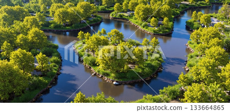 A winding blue river flows through lush green forest - ai generated 133664865