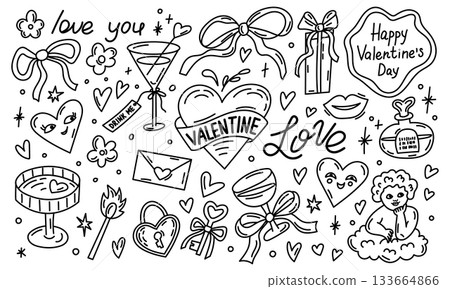 Clipart elements in doodle whimsy style for Valentine's Day. 133664866