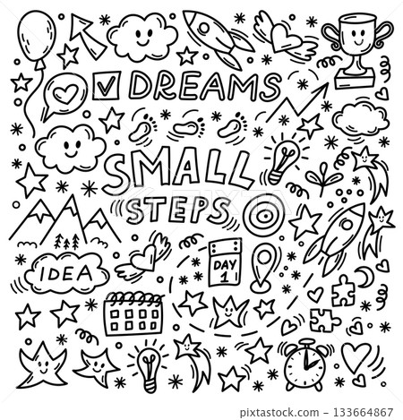 Small steps motivational doodle illustration set 133664867