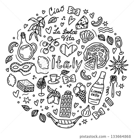 Set with Italian attributes. Individual elements of romantic Italy. Set with Italian attributes. Individual elements of romantic Italy. 133664868