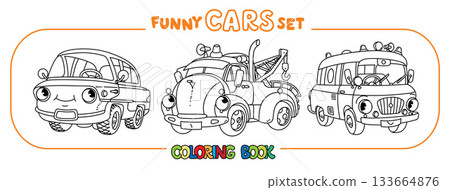Funny vintage cars with eyes. Coloring book set 133664876