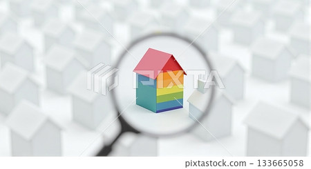 House with magnifier among white homes for property search - ai generated 133665058