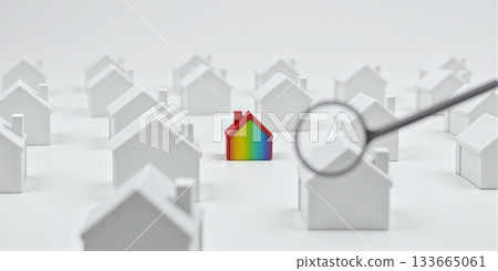 House with magnifier among white homes for property search - ai generated House with magnifier among white homes for property search - ai generated 133665061