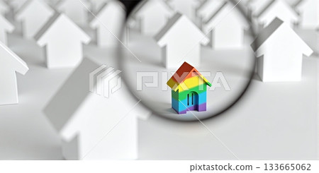 House with magnifier among white homes for property search - ai generated 133665062