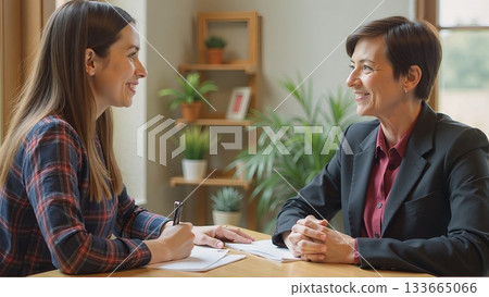 A student sits with the principal, discussing academic performance, future goals, and potential pathways to success 133665066