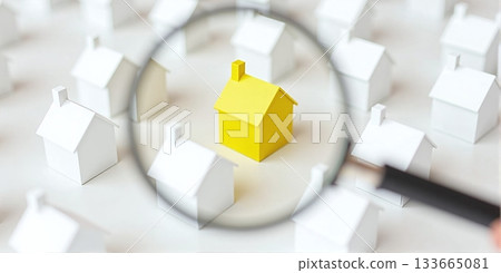House with magnifier among white homes for property search - ai generated 133665081
