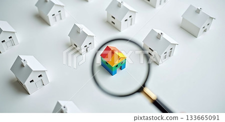 House with magnifier among white homes for property search - ai generated 133665091