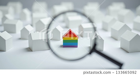 House with magnifier among white homes for property search - ai generated 133665092