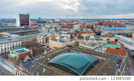 Awe drone point of view on rooiftop of Zeughaus and Lustgarten and Spree river Awe drone point of view on rooiftop of Zeughaus and Lustgarten and Spree river 133665096