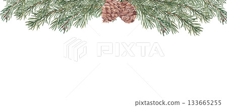 Christmas banner with fir, pine branches and cones. Watercolor horizontal frame, border. Hand drawn illustration. Perfect as a web banner, card and invitation template. Christmas banner with fir, pine branches and cones. Watercolor horizontal frame, border. Hand drawn illustration. Perfect as a web banner, card and invitation template. 133665255
