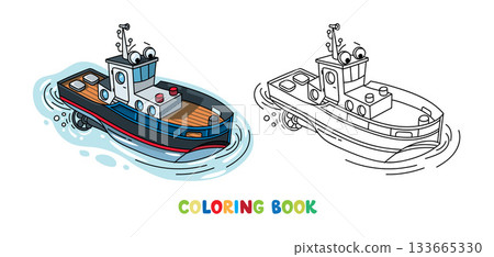 Funny tugboat with eyes. Boat or ship illustration 133665330