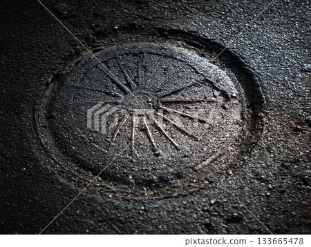 A round design with radiating lines is pressed into the dark asphalt, showcasing the texture and patterns of the urban environment under bright daylight 133665478