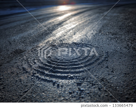 Circular patterns are imprinted on a dark road surface, capturing the soft glow of sunlight during a quiet evening. The texture adds unique character Circular patterns are imprinted on a dark road surface, capturing the soft glow of sunlight during a quiet evening. The texture adds unique character 133665479