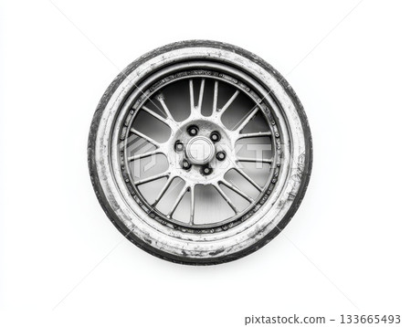 Detailed view of a car wheel revealing wear marks and unique features against a plain white background. This illustrates the effects of use over time 133665493